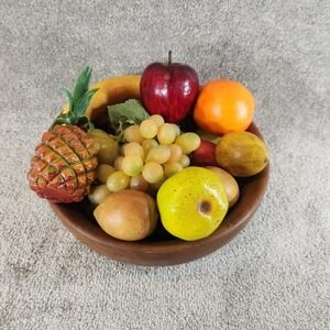 Artificial Fruit Set Brown Wooden Bowl Centerpiece Decor